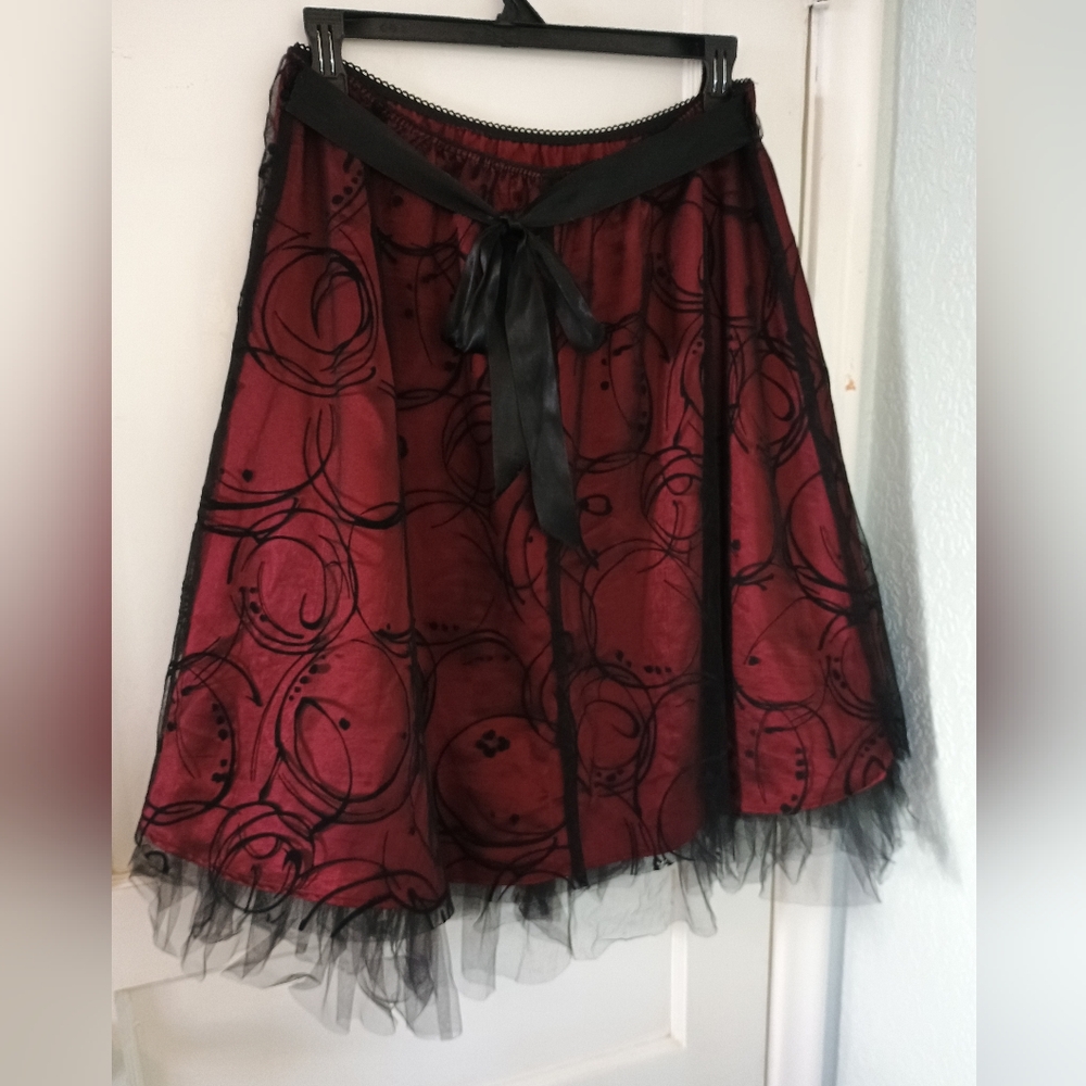 Vintage Burgundy & Black Satin & Lace A-Line Skirt W/Satin Sashes For A Bow